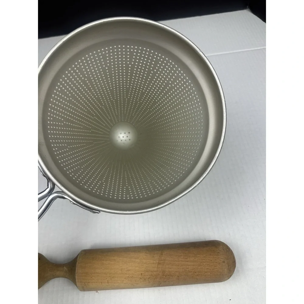 Vintage Ricer Sieve Food Mill Colander Strainer & Wooden Masher Sifter
